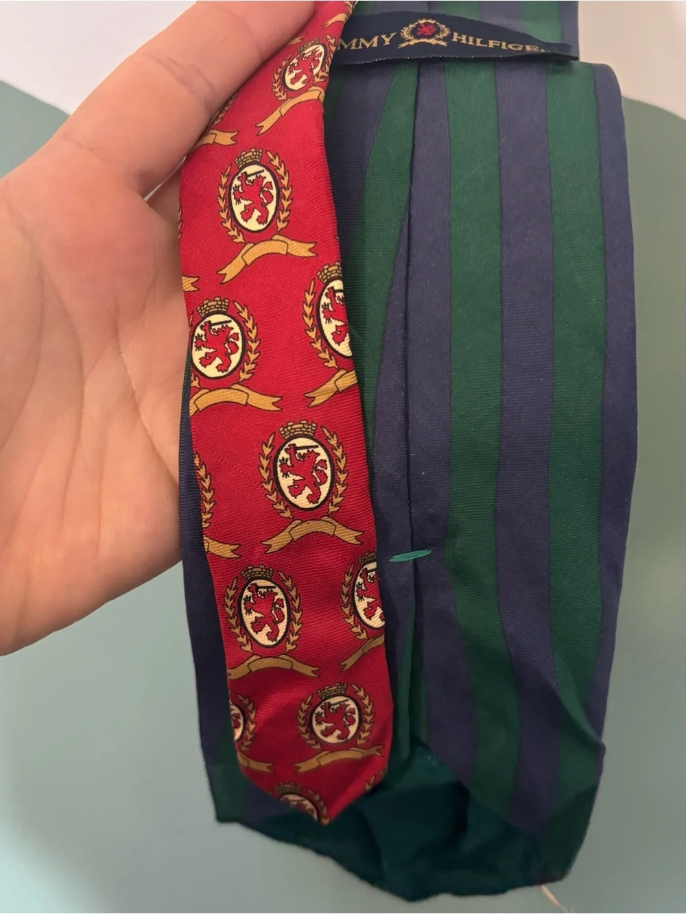 Vintage Tommy Hilfiger green and navy Fishing Pole Silk tie